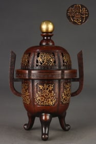 A Rare Gilded Purple Copper Body Floral Pattern Court Crown Ear Censer