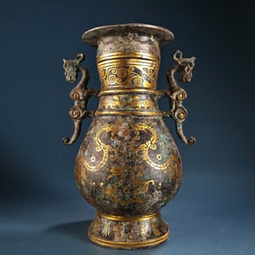A Rare Gold-rubbed Bronze Dragon-ear Vase-With Inscription