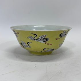 A Rare Famille-Rose Yellow Ground Crane Pattern Cup
