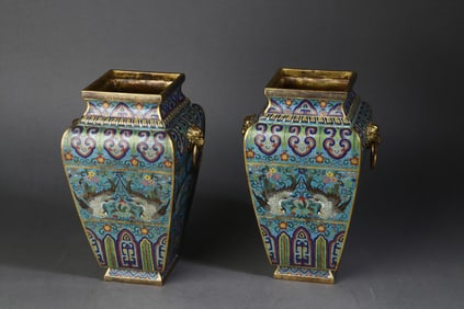 A Rare  Cloisonne Enamel Double Ear Square Vase