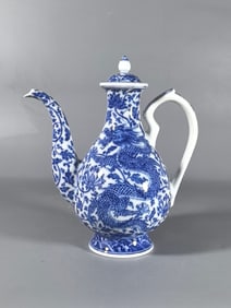 A Rare Blue and White Lotus Dragon Pattern Ewer