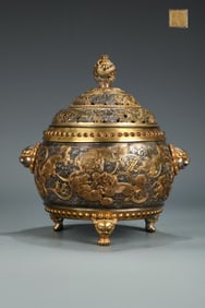 A Rare Gold-Silver-Inlaid Lion-Offering-Auspicious Pattern Lion-Head Ear Censer