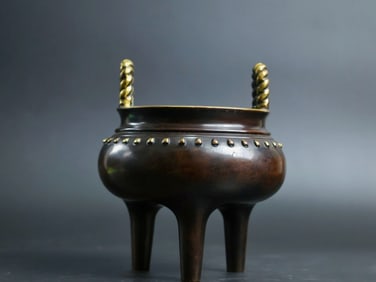 A Rare Red Copper Gilt Twisted-Ears Censer