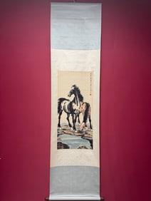 A Chinese Vertical Scroll Ink Painting of Horse on Silk
