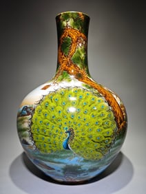 A Rare Enamel Peacock Pattern Vase with Poem?
