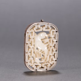A Rare Silver-Inlaid White Jade Hollow-Carved Parrot Hanging Brand