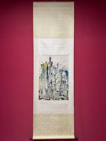 A Chinese Vertical Scroll Ink Painting of Modern Theme on Silk