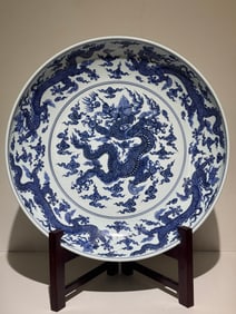 A Rare Blue and White Five Dragons Pattern Large Plate