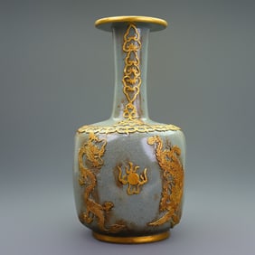 A Rare Ru yao Gold-covered Dragon and Phoenix Vase