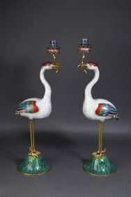 A Rare  Cloisonne Enamel Crane Candlestick