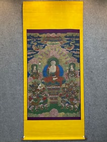 A Chinese Vertical Scroll Ink Painting of Buddha on Silk