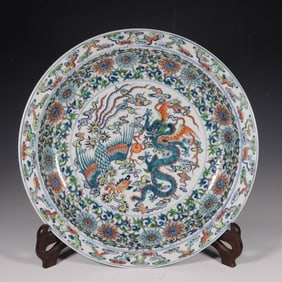 A Rare Blue-and-White Doucai Lotus Dragon-and-Phoenix Pattern Plate?
