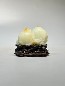 A Rare Huanghuali Wood White Jade Peach Ornament