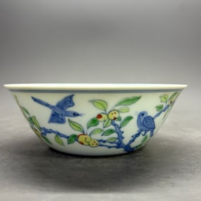 A Rare Doucai Flower and Bird Pattern Recessed Foot Bowl