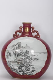 A Rare Enamel Ruby Red Gold-Outlined Landscape Pattern Double-Ear Vase