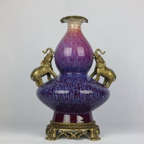 A Rare Flambe Glazed Copper Inlaid Double-Ears Vase?