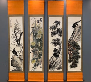 A Set of Chinese Vertical Scroll Ink Paintings of Flower and Bird on Silk