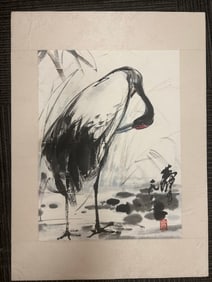A Chinese Vertical Scroll Ink Painting of Crane on Silk