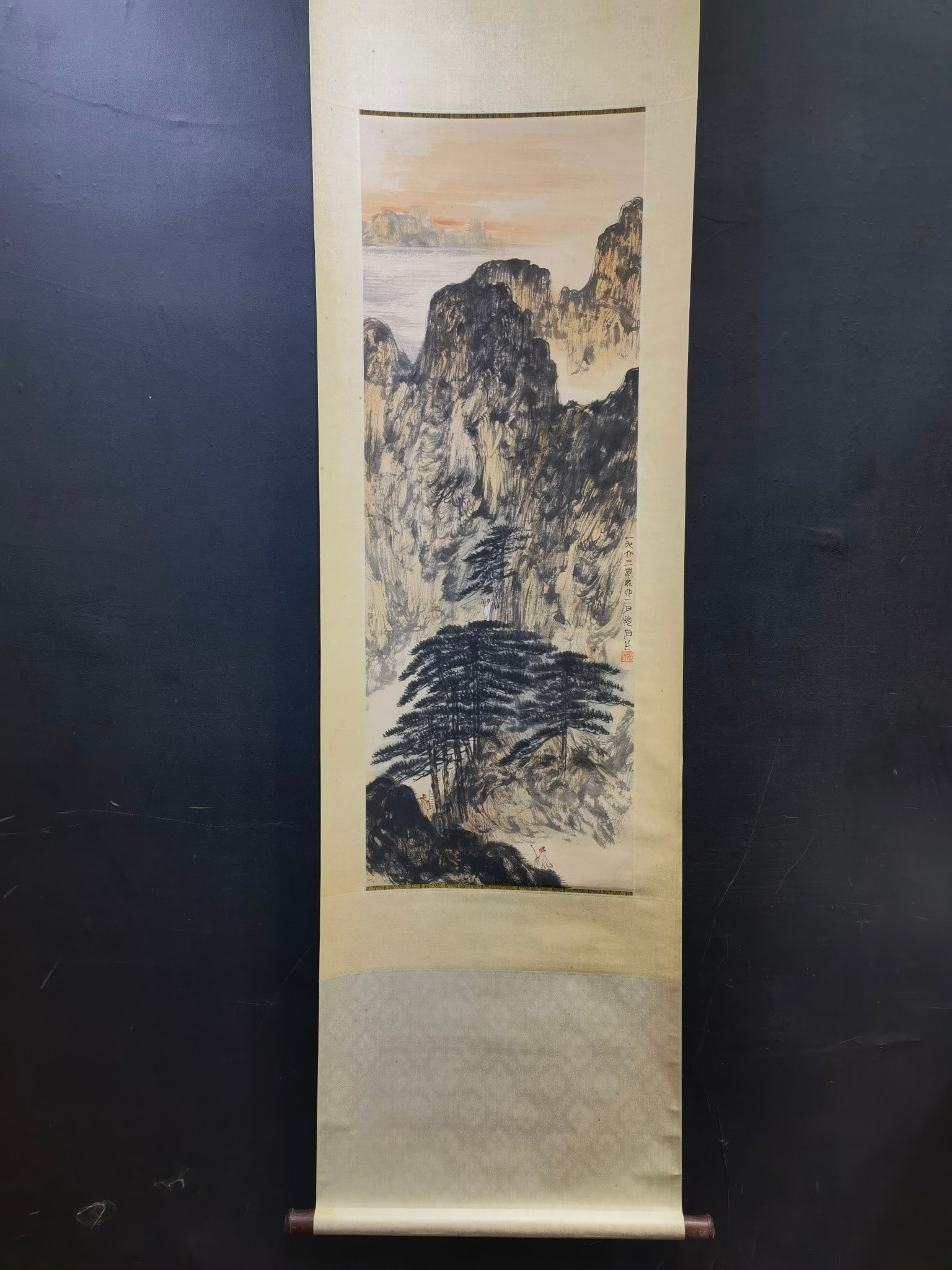 A Chinese Vertical Scroll Ink Painting of Landscape and Figure on Paper,Fu Baoshi: A Chinese Vertical Scroll Ink Painting of Landscape and Figure on Paper,Fu Baoshi,Size:16.9inx46.7in 一幅中国水墨山水人物画立