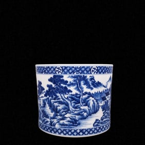 An Exquisite Blue and White Landscape and Figure Pattern Brush Pot