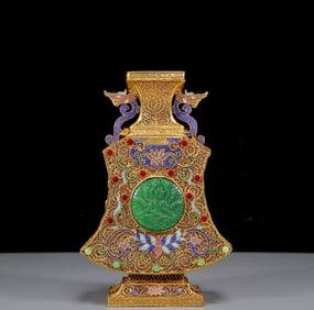 An Exquisite Gilt Inlaid Jasper Buddha Statue Pattern Double-Ears Vase,Inlaid Gems