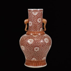 An Exquisite Iron-Red Lotus Pattern Double-Ears Vase