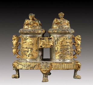 An Exquisite Bronze Cover with Gold Beast-Face Pattern Four Legs Jar, With Beast Cover