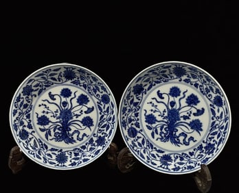 A Pair of Exquisite Blue and White Lotus Pattern Plates