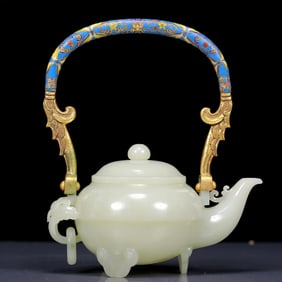 An Exquisite Greenish Jade Tripod Ewer  with Gilt Bronze Handle