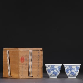 A Pair of Exquisite Blue and White Pumpkin Pattern Cups