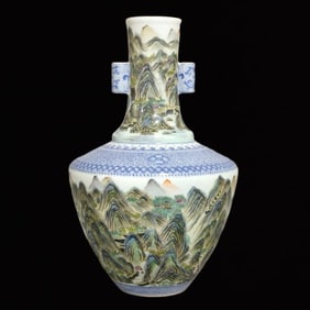 An Exquisite Famille-Rose Blue and White Landscape Pattern Double-Ears Vase