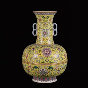 An Exquisite Yellow Ground Famille-Rose Lotus Pattern Double-Ears Vase