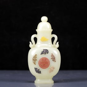 An Exquisite White Jade Inlaid Gems Bats and Peach Pattern Double-Ears Bottle