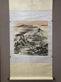 A Chinese Vertical Scroll Ink Painting of Landscape on Paper,Qi Gong