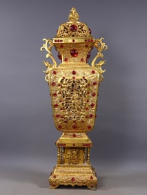 A Rare Gilt Bronze Hollow Figure Pattern Double-Ears Bottle,Inlaid Gems