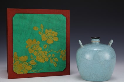 An Exquisite Ru yao Sky Blue Glazed Double-Ears Vase, with an Imperial Poem by Emperor Qianlong