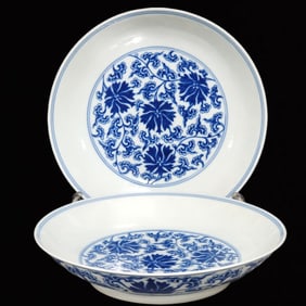 A Pair of Precious Blue and White Lotus Pattern Plates