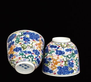 A Pair of Precious Doucai Auspicious Cloud and Dragon Pattern Painted Gold Cups