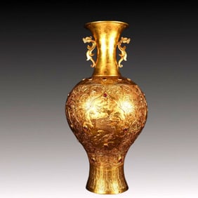 A Huge Gilt Silver Dragon Pattern Double-Ears Vase,Inlaid Gems