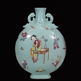 An Exquisite Famille-Rose Character and Story Pattern Double-Ears Vase