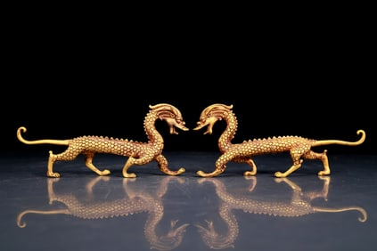 A pair of exquisite gilt bronze Chilong ornaments