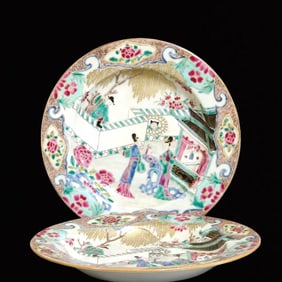 A Pair of Precious Enamel Character and Story Pattern Painted Gold Plates