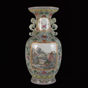 A Huge Celadon Glazed Famille-Rose Landscape Pattern Double-Ears Vase