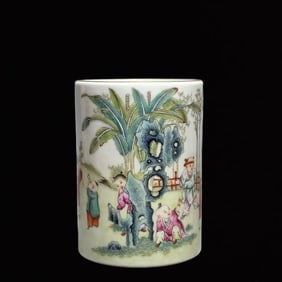 An Exquisite Famille-Rose Character and Story Pattern Painted Gold Brush Pot