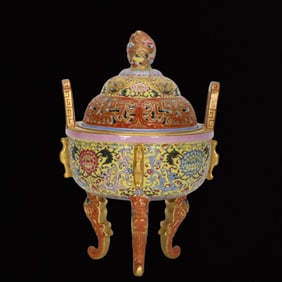 An Exquisite Enamel Painted Gold Yellow Ground Hollow Lotus Pattern Tripod Censer,???