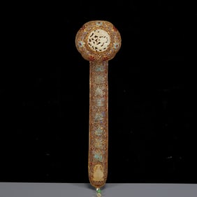 A Rare Gilt Inlaid White Jade Eight Treasures and Dragon Pattern Ruyi
