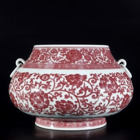 An Exquisite Underglaze-Red Peony Pattern Double-Ears Vase