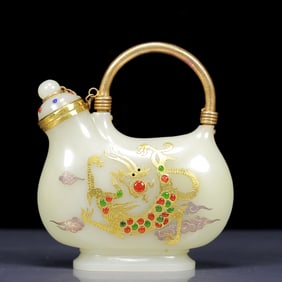 An Exquisite White Jade Inlaid Gems Auspicious Cloud and Dragon Pattern Ewer