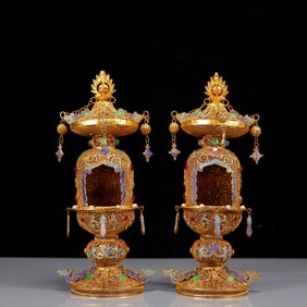 A Pair of Rare Gilt Inlaid Gems Flower Pattern Niche