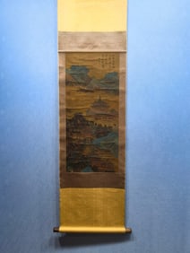 A Chinese Vertical Scroll Ink Painting of Landscape and Figure on Silk,Liu Songnian
